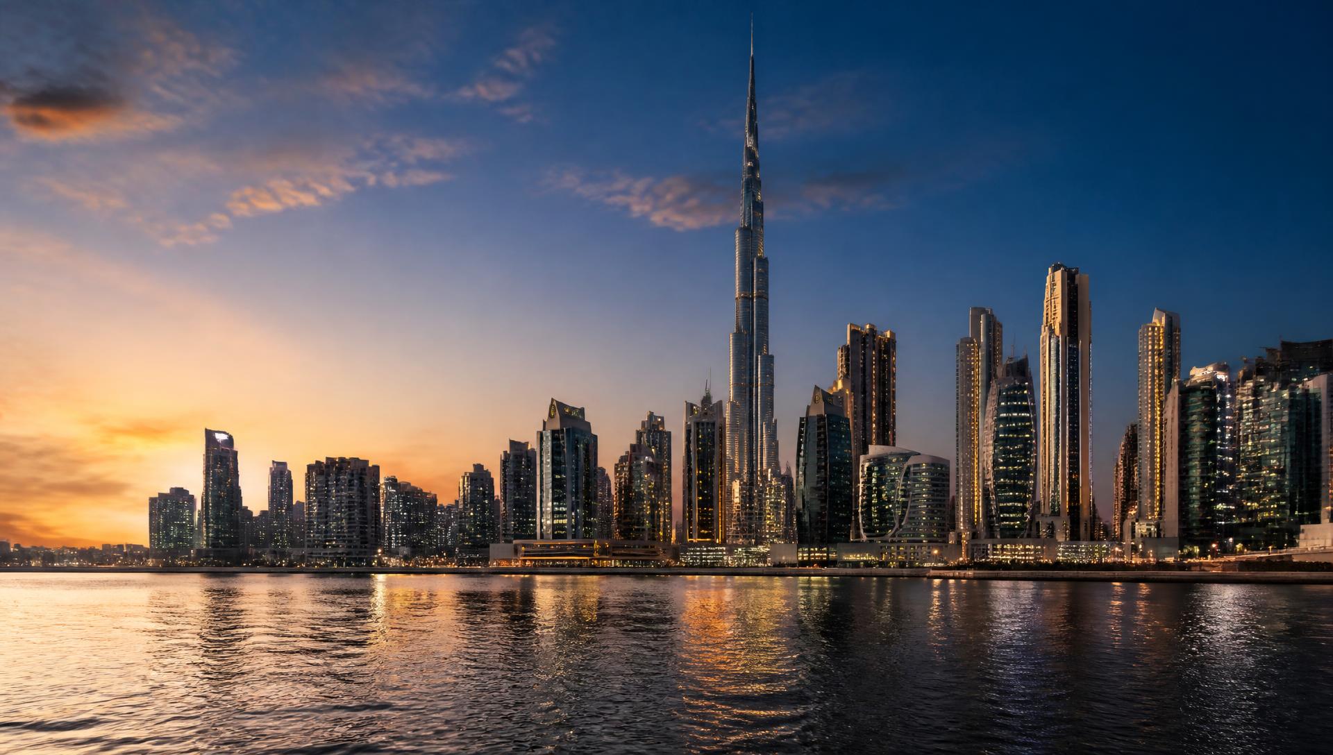 Dubai skyline at dusk with the Burj Khalifa